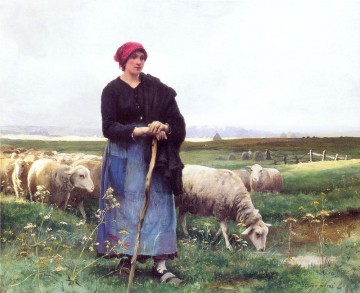 Julien Dupre Painting - A Shepherdess with her flock farm life Realism Julien Dupre